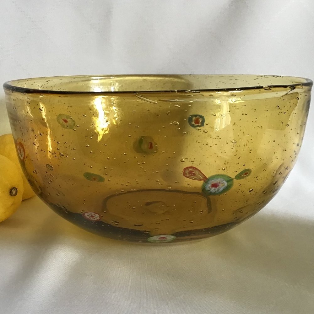 Handmade Handblown Millefiori Large Amber Display Bowl